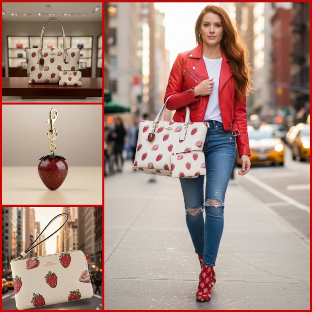 3pc Coach Beige Coated Canvas Strawberry Tote & Matching Wristlet/ Charm🍓